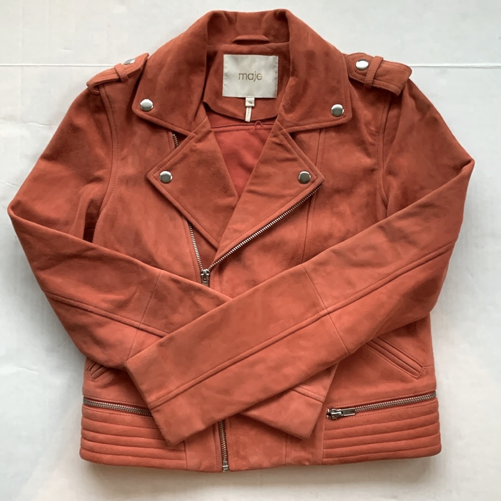 MAJE Orange or Coral Suede Biker Jacket size 38 (4)
